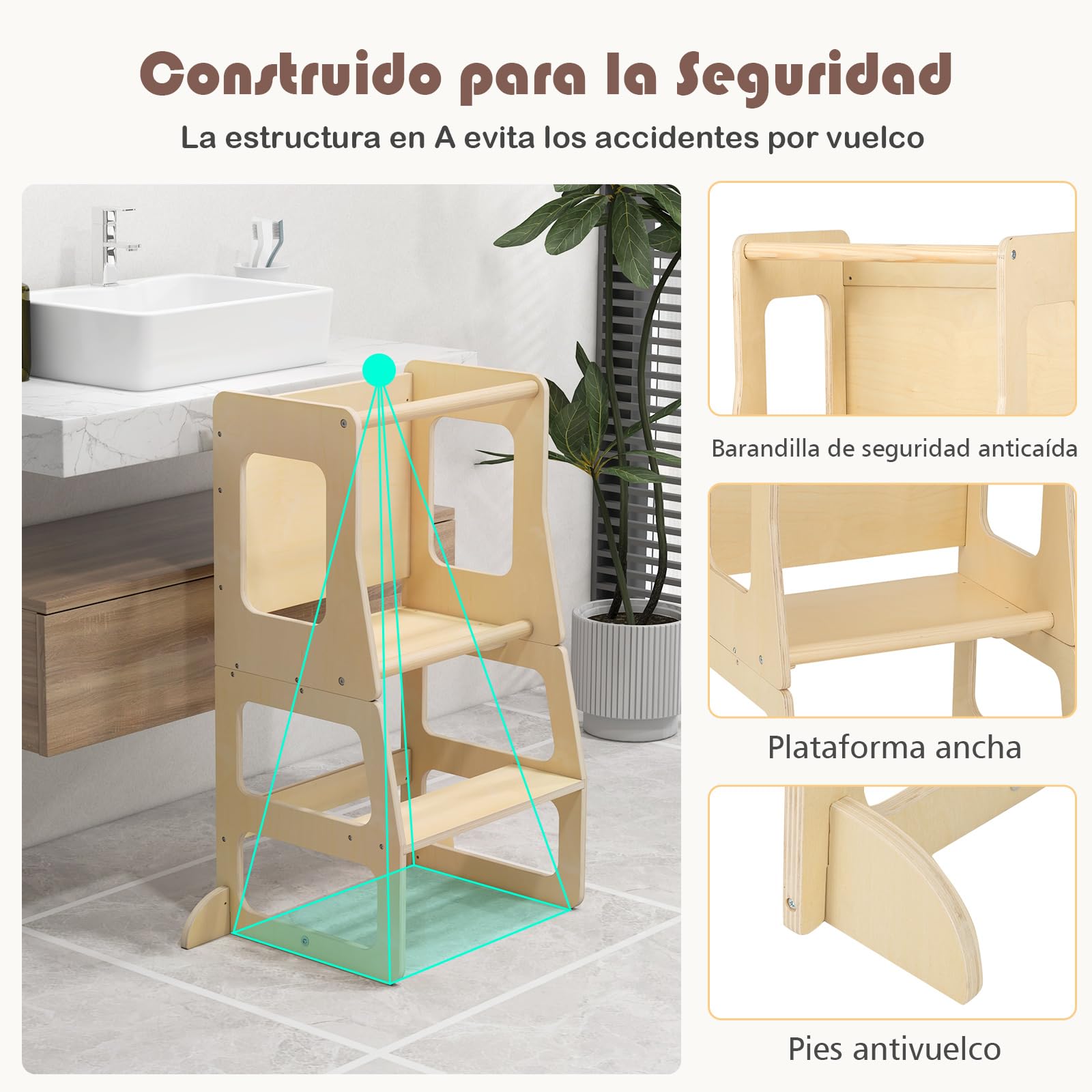 COSTWAY Torre de Aprendizaje Plegable 3 en 1, Taburete Infantil Montessori de Madera con Pizarra, Mesa, Taburete y Barra de Seguridad para Baño Cocina, Juego de Mesa y Silla para Niños