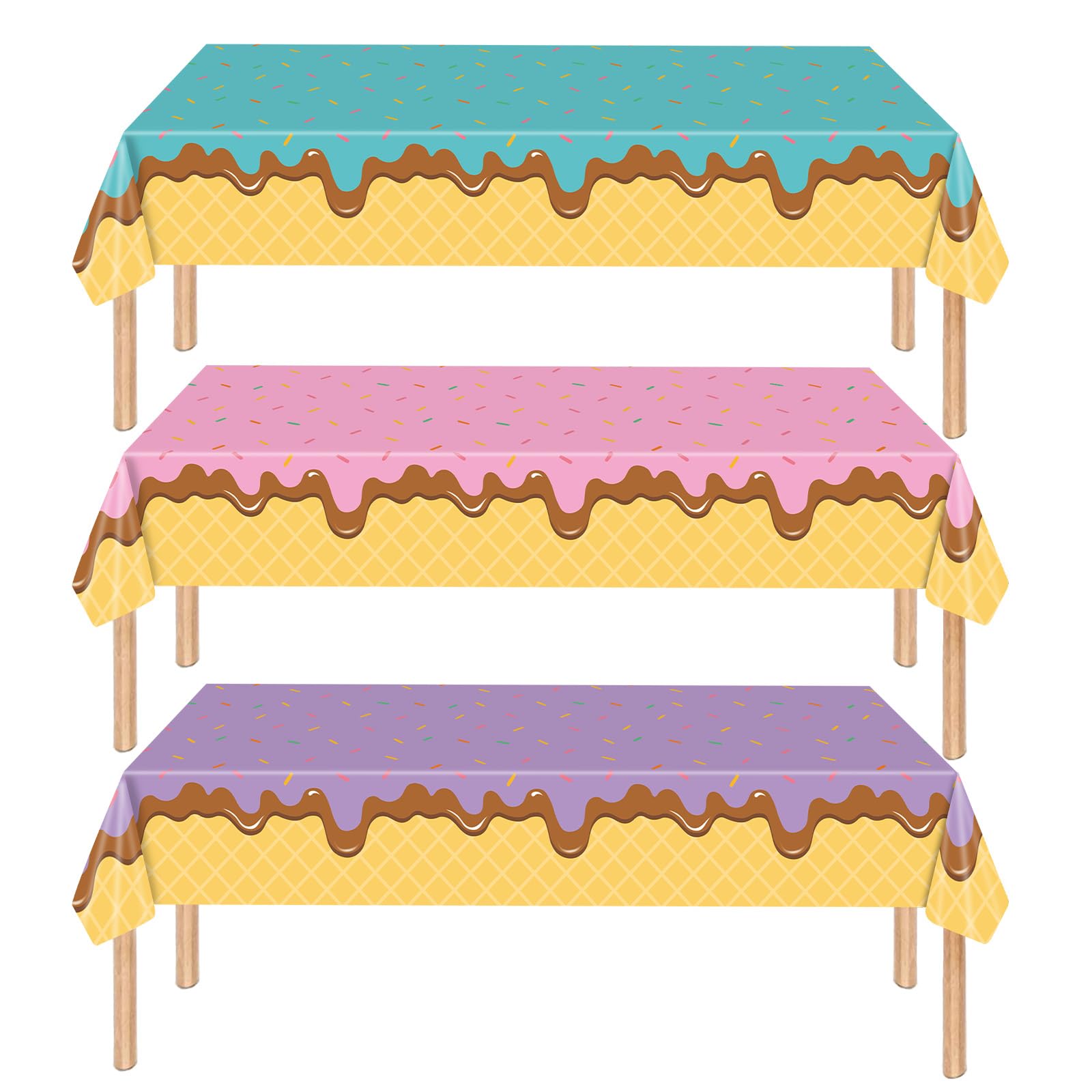 3 Pieces 54x108 Inch Ice Cream Cone Rectangle Plastic Tablecloth, Disposable Dessert Theme Table Cover in Pink, Purple, and Blue with Chocolate Design for Birthday, Summer, Sweet Shop Decorations