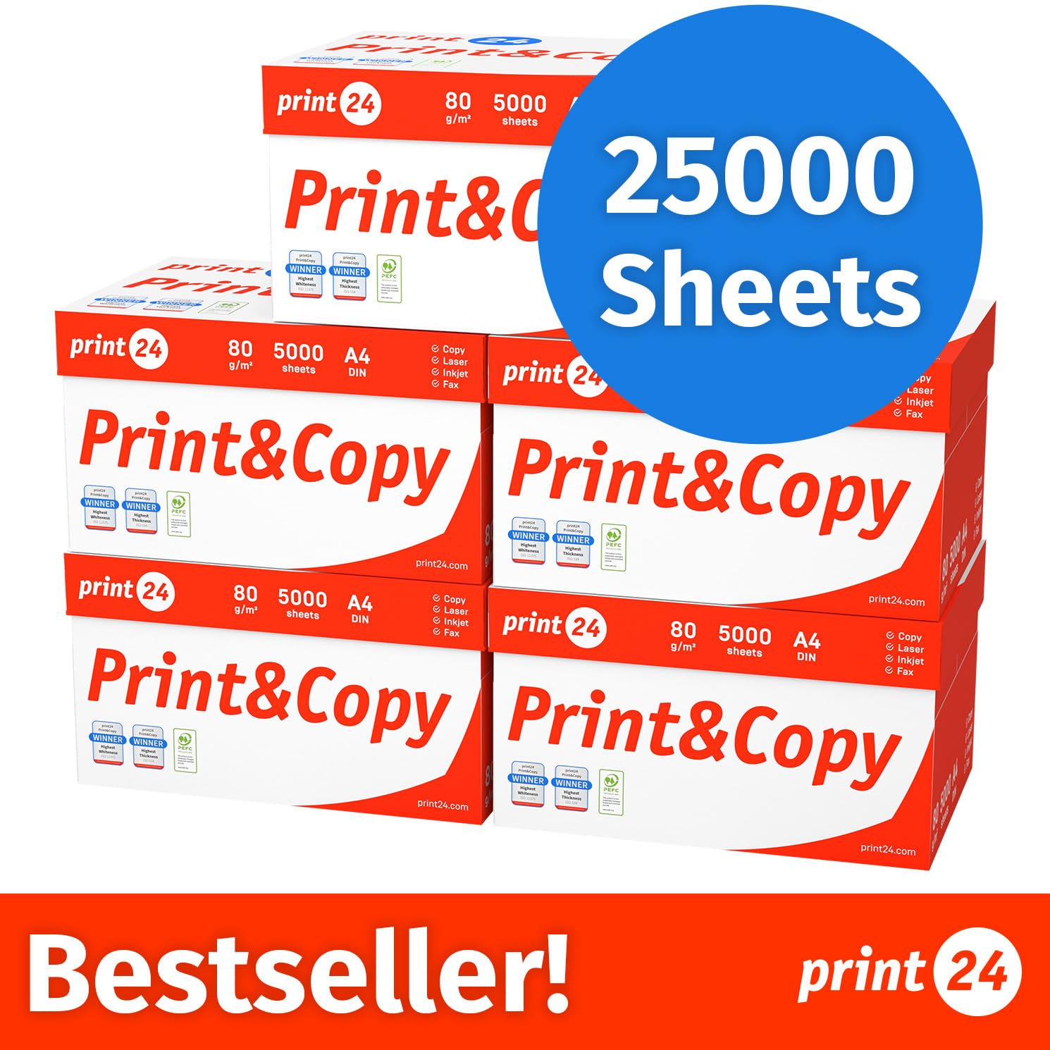 Druckerpapier Kopierpapier 500-150000 Blatt A4 80g Premium Weiß PEFC zertifiziert (25.000 Blatt)