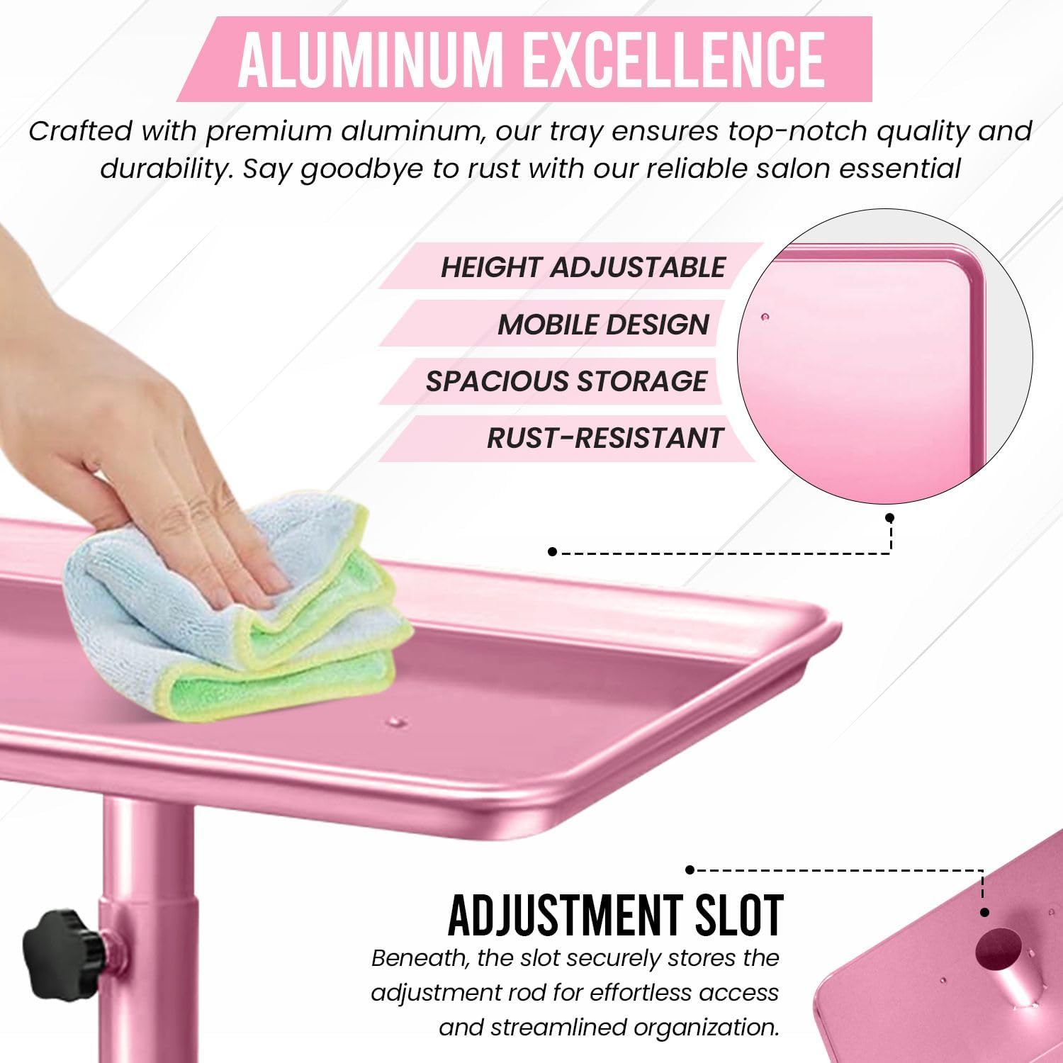 JayGlobal Pink Salon Tray On Wheels, Premium Aluminum Rolling Tattoo Tray, Height Adjustable Tattoo Cart Trolley for Hairstylist Salon, Spa & Clinic