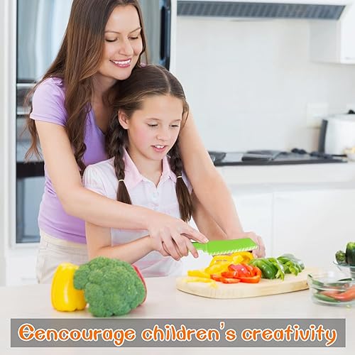 Miniatura 7 de Juego de 8 cuchillos de cocina de madera para niños para cocinar real, incluye 4 cuchillos de plástico seguros para niños pequeños, cortador