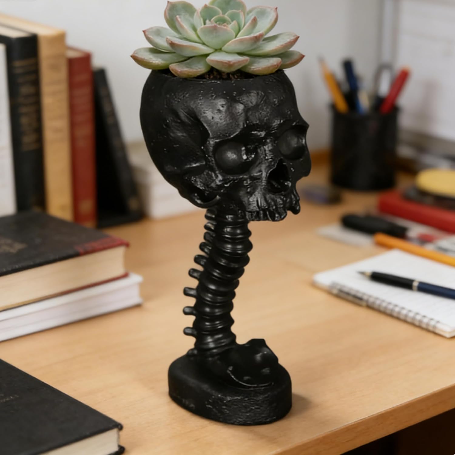 Skull Planter 11.6" Tall Black Gothic Pot | Spooky Goth Home Decor for Bathroom Bedroom, Halloween Plant Pot Flower Vase, Gothic Room Decor Skull Ornament for Indoor Plants