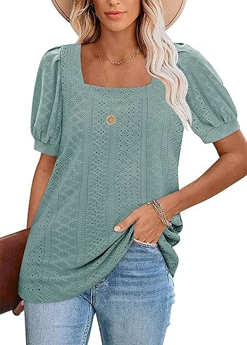 Miniatura 2 de BZB Camisetas de verano para mujer, cuello cuadrado, manga corta, estilo túnica, con ojales, tallas S-2XL