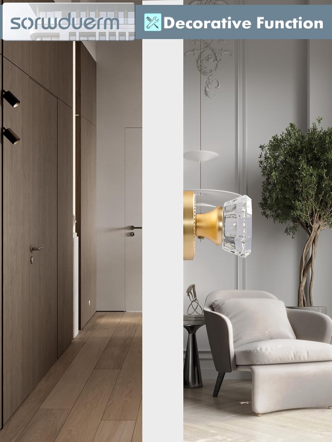 SORWDUERM ゴールドドアノブ クリスタルドアノブ ダミードアノブ つや消しゴールドガラス インテリア サテン真鍮 ダミーハンの通販