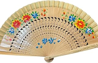 CLGIFT Floral Vintage Spanish Folding Fan Doubled-Side Flower Wood Fan for Wedding Party Decor/Dancing Hand Fan (Light Brown)