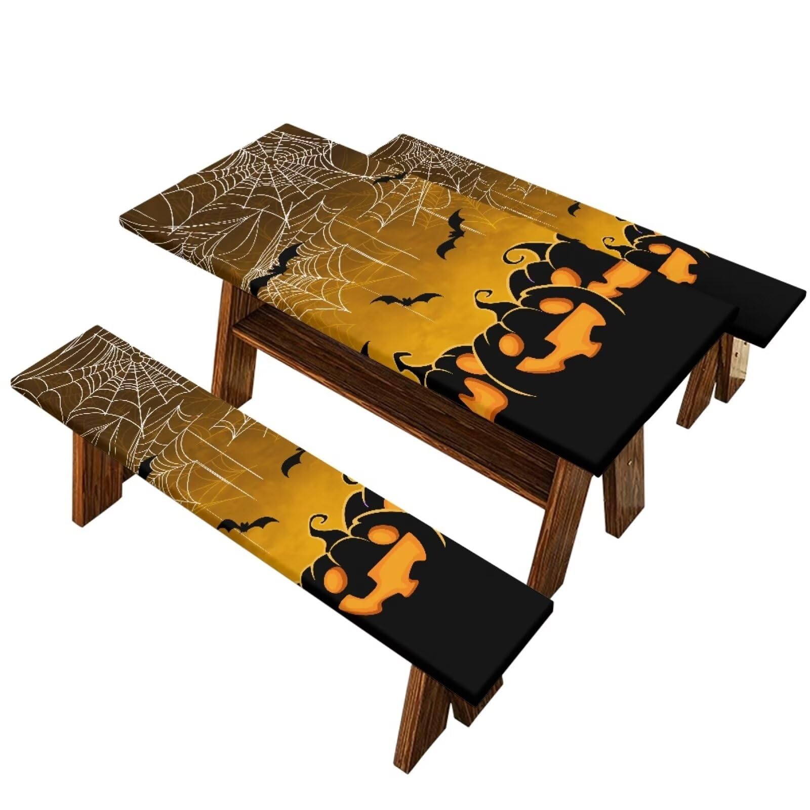 Binienty Halloween Pumpkin Bat Picnic Table Cover 6 Fit Halloween Outdoor Decor Spider Web Table Cover with Bench Covers Camping Accessories Windproof Oil Proof Outside Table Cloth,8 Foot
