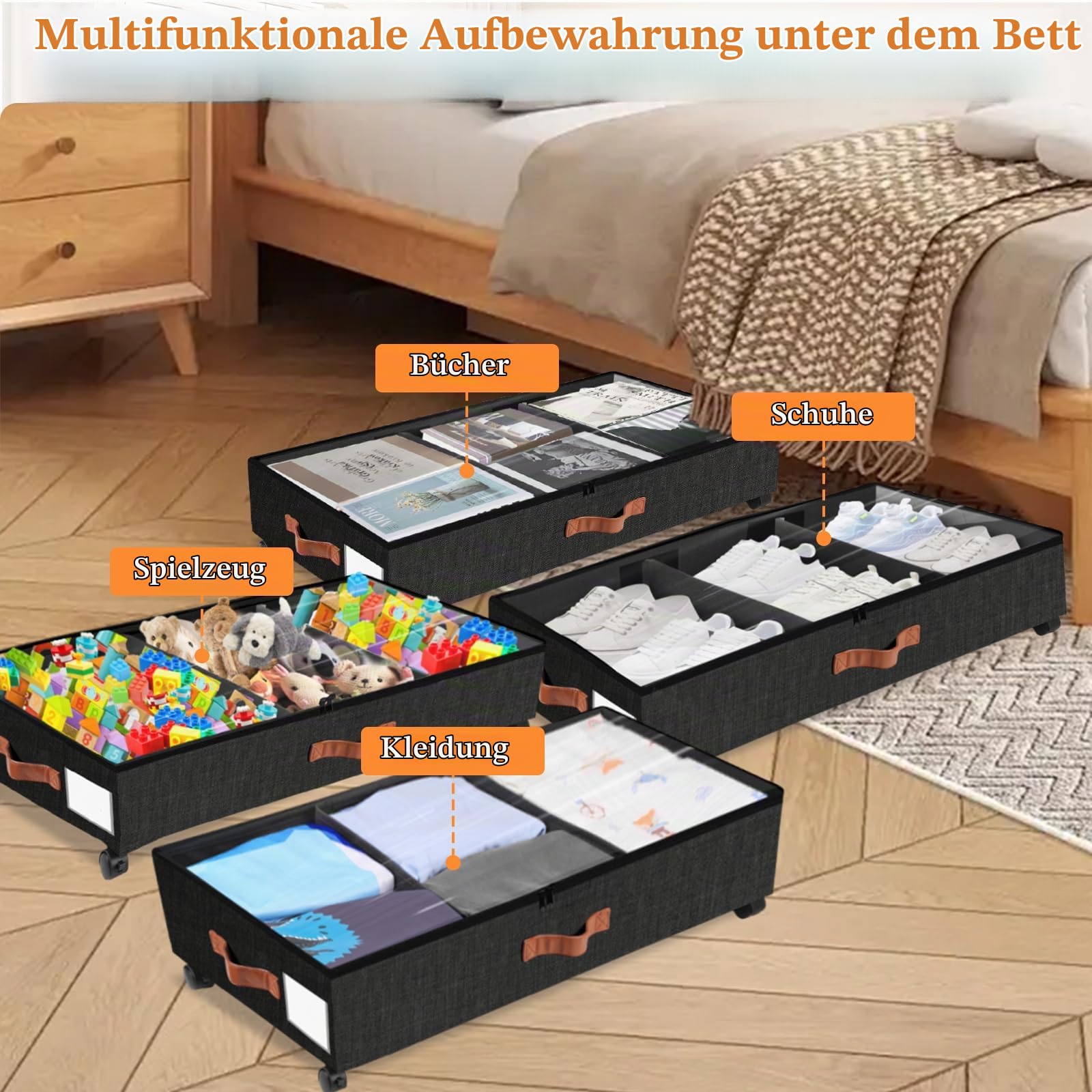 Unterbett Aufbewahrungsbox mit Rollen, 2 Stück 38L Groß Unterbett Aufbewahrung mit Deckel Metallrahmen Faltbare Unterbettkommode für Kleidung Schuhe Decken Bettwäsche Schwarz