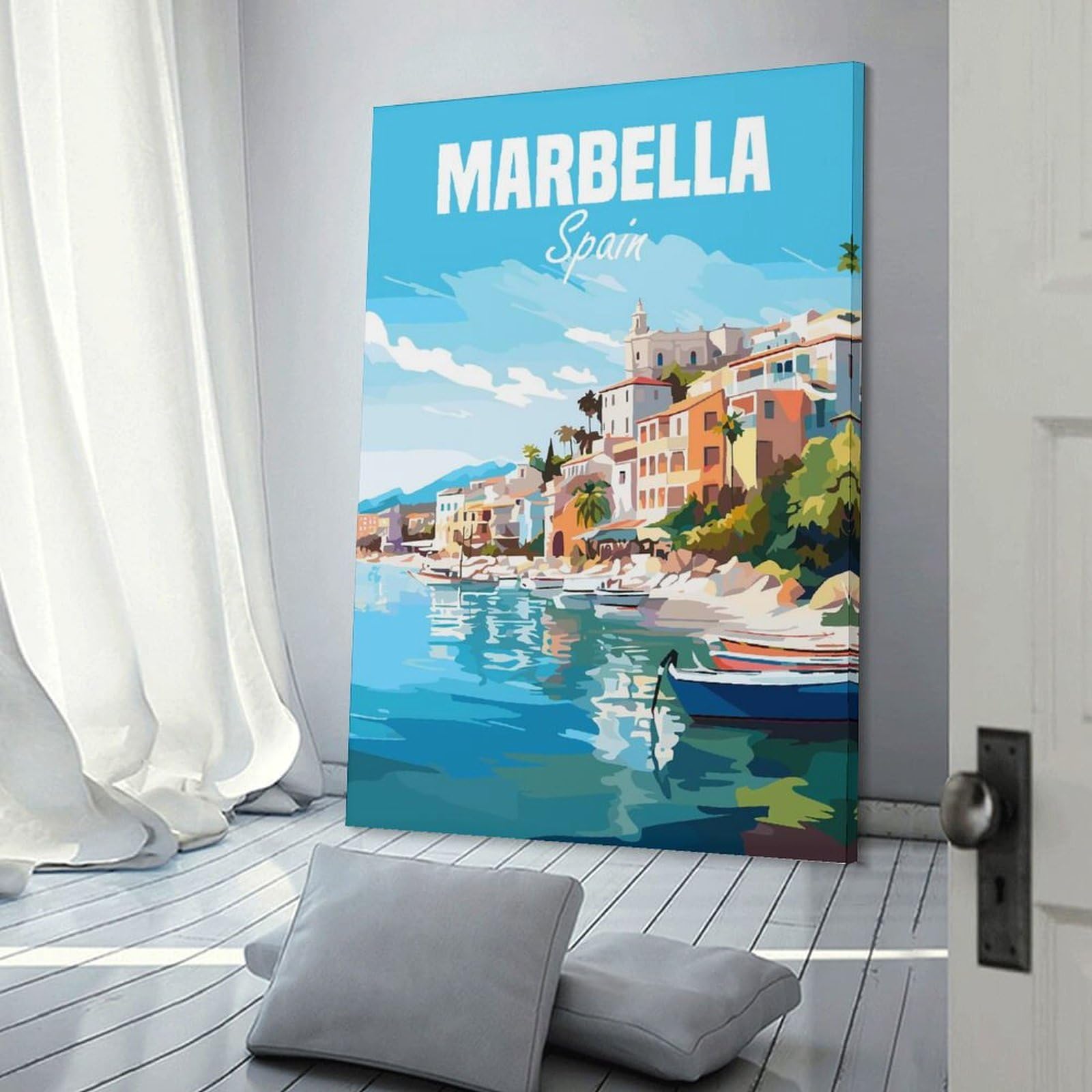 Junmoney Canvas Wall Decor Marbella Spain Travel Post, 24x36inch(60x90cm), for Gallery Wall Layouts in Home Or Office, Home Wall Art for Statement Displays