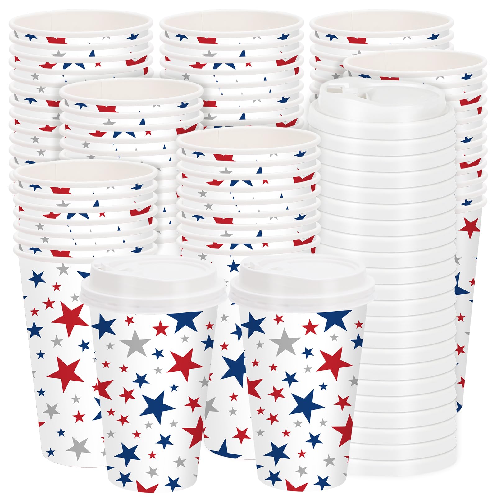 FYSUIMU 50Pcs Patriotic Disposable Coffee Cup with Lid 16Oz Red Blue Star 4th of July To Go Paper Cup Independence Day Drinking Cup for Party Cafe