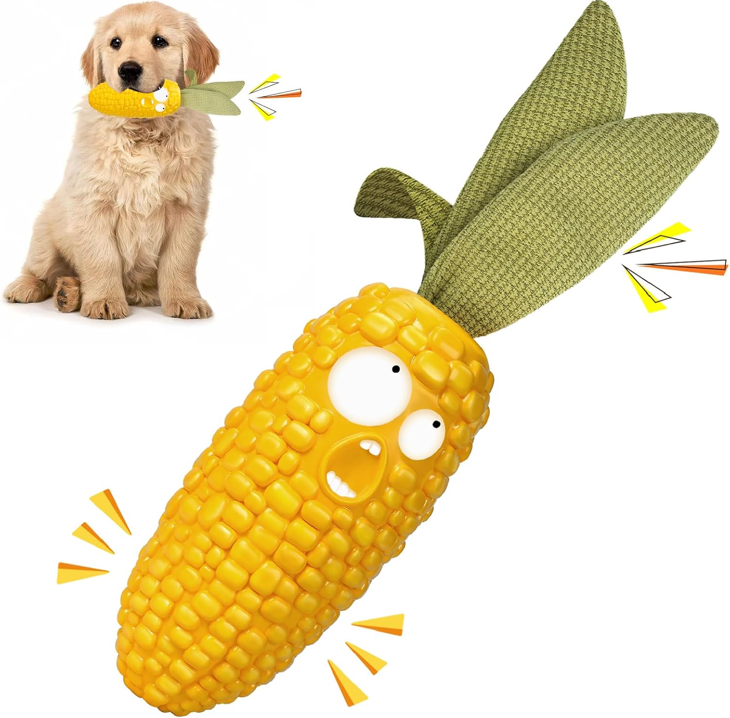Dog Squeaky Toys, Corn Dog Toy for Puppy Medium Breed, Tough Rubber Dental Chew Toys, Interactive Puzzle Teeth Cleaning Toys to Keep Them Busy