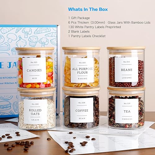 Miniatura 2 de Tarros apilables de vidrio de 16 onzas con 132 etiquetas de despensa preimpresas, 6 recipientes de almacenamiento de vidrio grueso con tapa