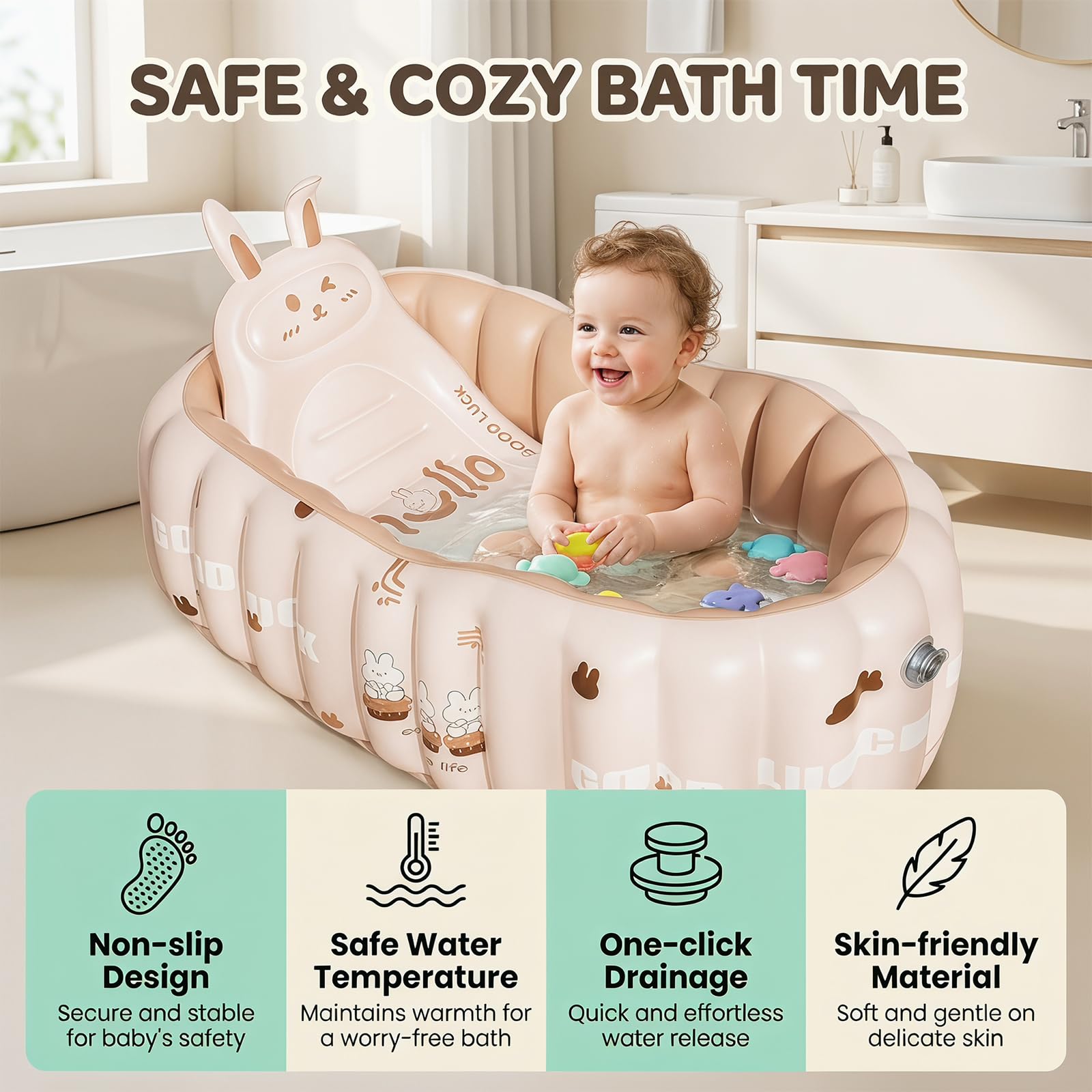 CEWROM Vasca da bagno gonfiabile per bambini, portatile, da viaggio, con pompa ad aria, pieghevole, antiscivolo, per bambini e neonati (rosa)
