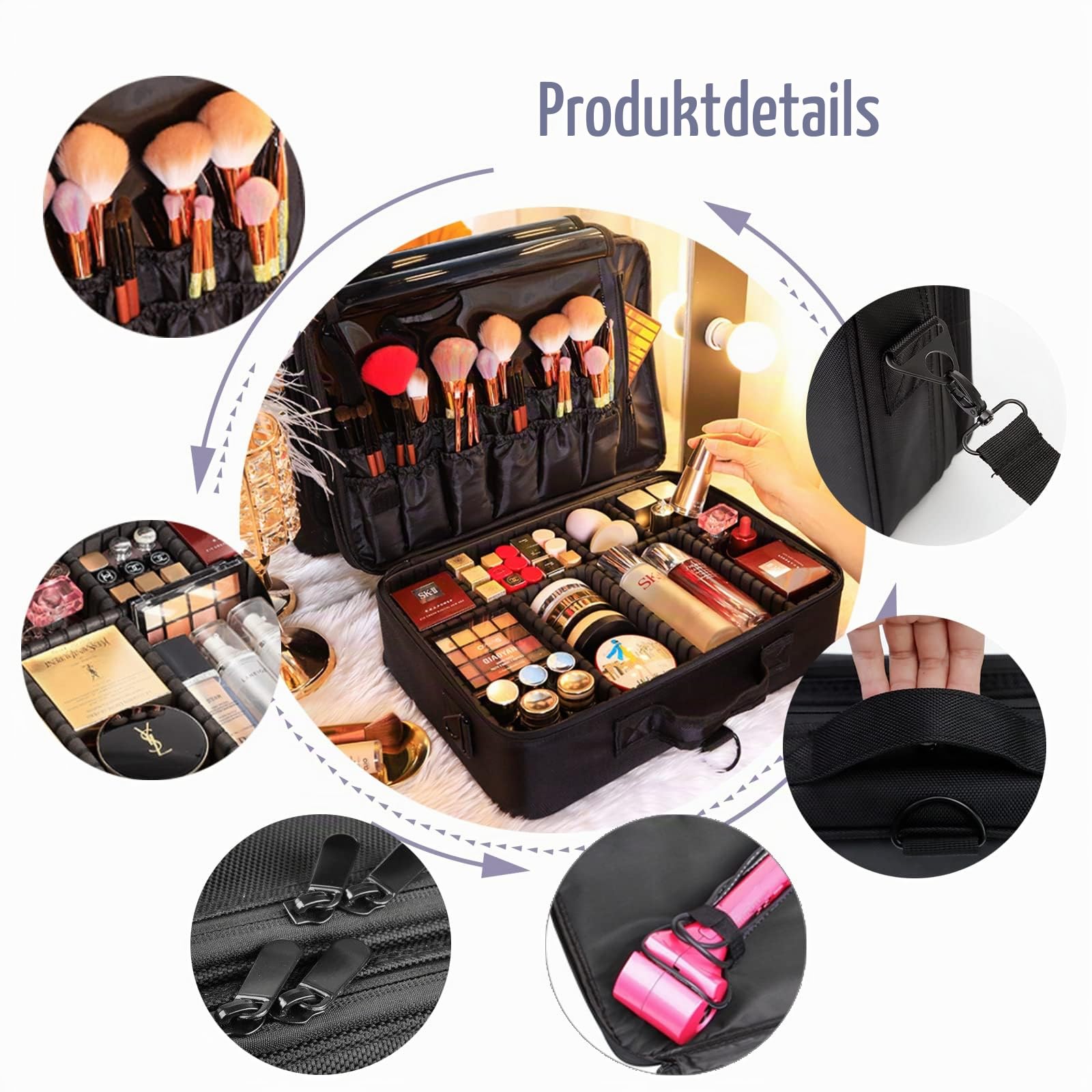 Kosmetiktasche Reise Makeup Tasche Kosmetikkoffer: Damen Schminkkoffer Extra Groß mit Fächern - Cosmetic Koffer Reise Beautycase Schminktasche Portable Kosmetik Etuis Taschen Professionelle | Schwarz