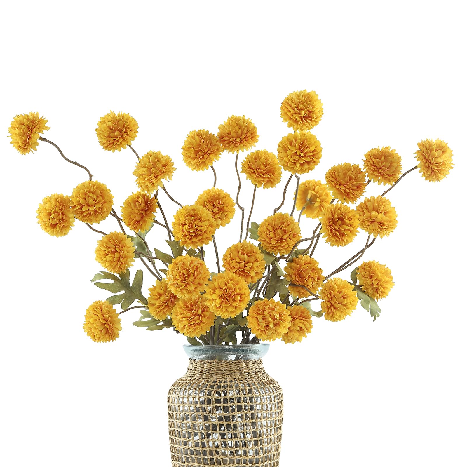 DuHouse 6pcs Artificial Pompon Mum Flowers with Stems, Faux Silk Mini Chrysanthemum Ball for Home Decoration, Bouquets, Table Centrepieces, DIY Floral Crafts(Yellow) — image 1