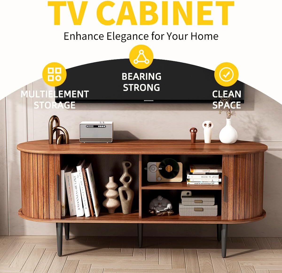 47" TV Stand with Sliding Tambour Door for Living Room,TV Console with Adjustable Shelves, Media Console with Storage Cabinet, Entertainment Center with Golden Handle (Walnut,47")