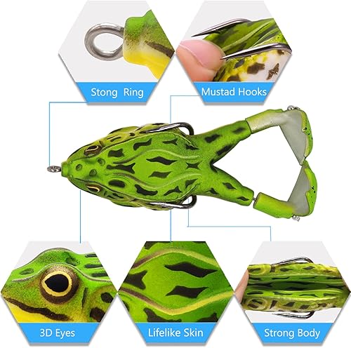 Miniatura 4 de Topwater - Kit de señuelo de pesca para lubina, cola de hélice de arrastre más grande, cebo de rana de plástico suave, ojos 3D, patrón de cuerpo