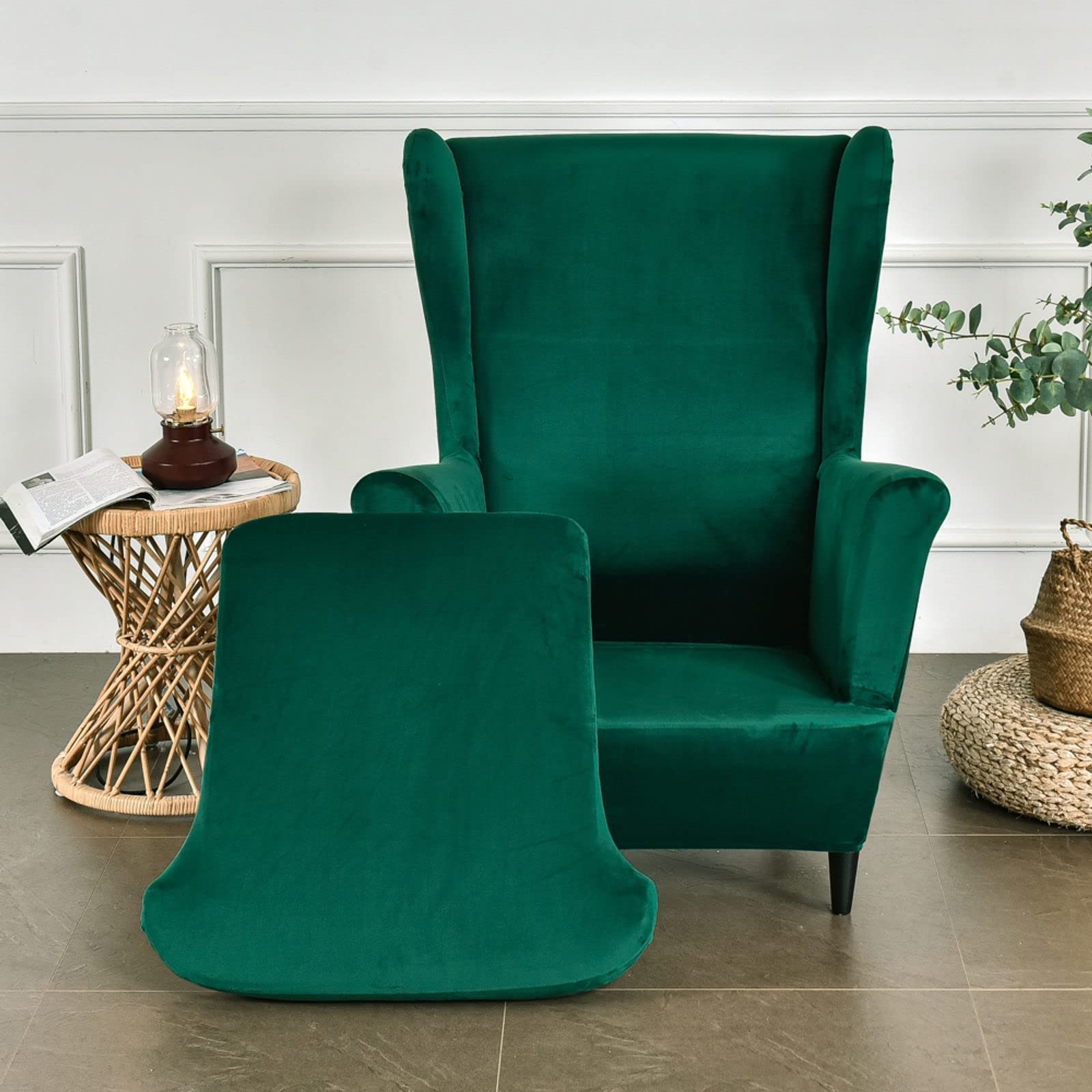 JHLD Stretch Wing Chair Slipcover, 2 Piece Velvet Wingback Chair Cover Soft Elastic Wingback Chair Slipcover Armchair Chair Slipcovers Machine Washable for Living Room-Dark Green-Wing Chair