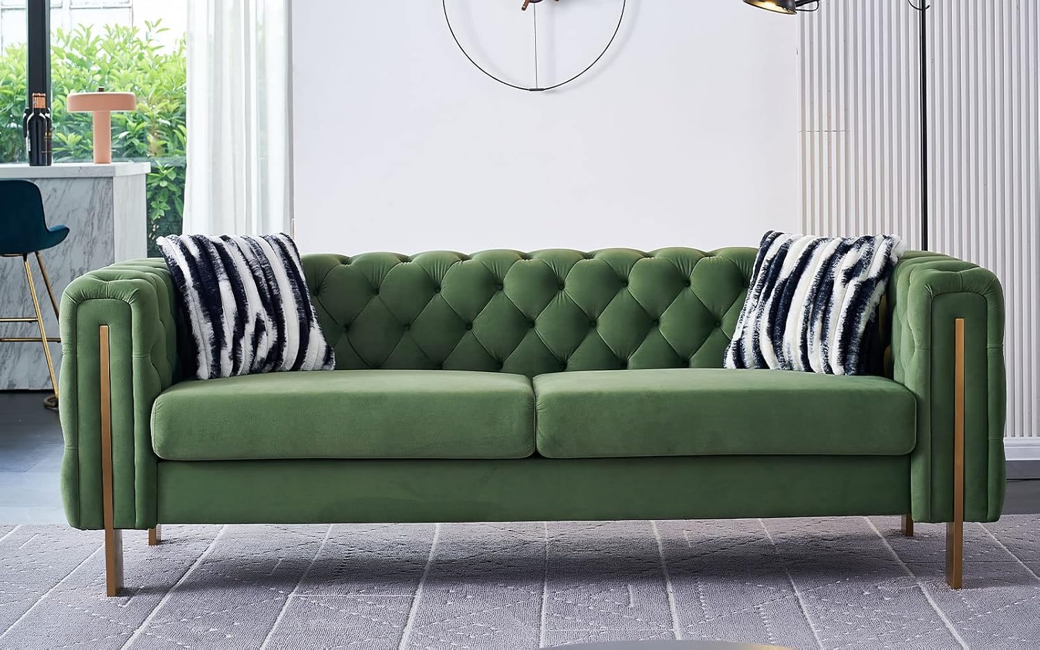 Modern Sofa Couches for Living Room, 84 Inches Velvet Button Tufted Couch Upholstered Sofa with 2 Pillows and Metal Legs Decor Furniture for Bedroom, Office (Green)