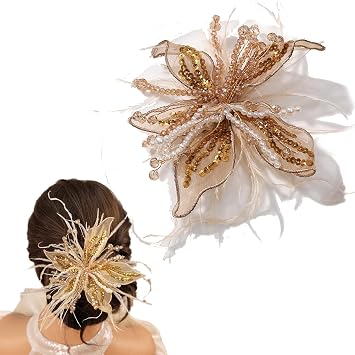 Vintage Feather Flower Hair Clips with Pearl Large Crystal Floral Barrettes Hair Pieces Handmade Bridal Wedding Hair Accessories for Women Champagne+Twisted Wires+Feather+Crystal+Beads