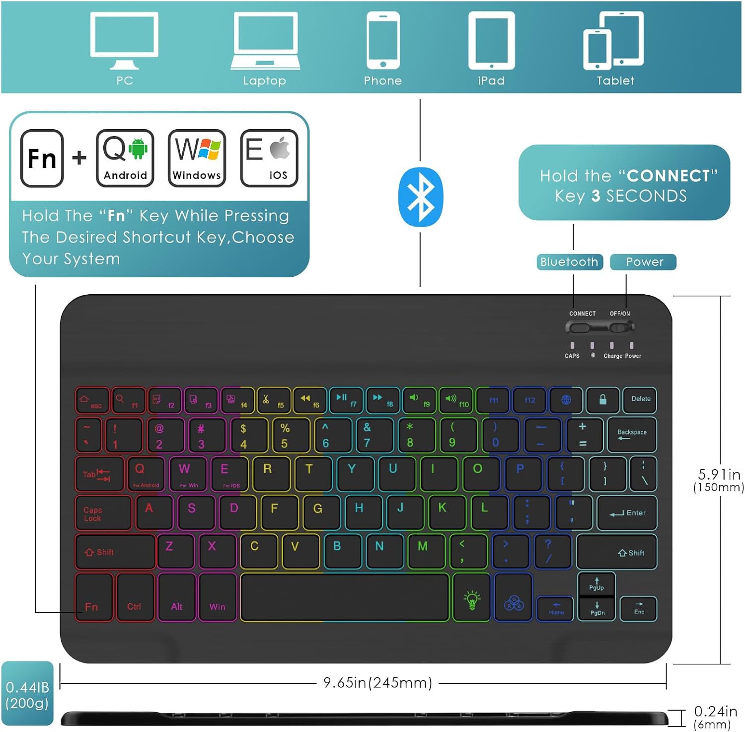 DETUOSI for iPad Air 2 Keyboard Case, for iPad 9.7" 2017/2018 Keyboard Case with Apple Pencil Holder, Detachable Wireless 7-Colors Backlit Keyboard + PU Leather Cover for iPad Pro 9.7", for iPad Air 1 image 3