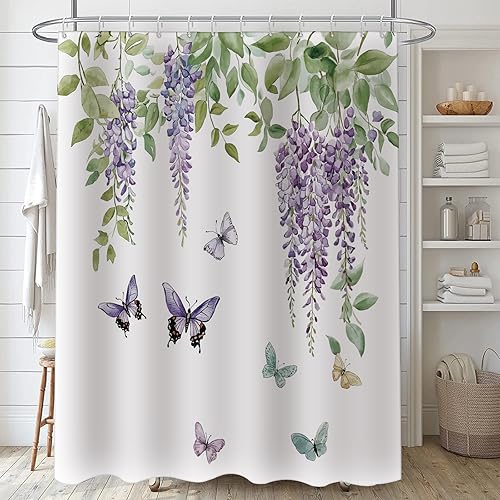 Miniatura 3 de Cortina de ducha, tela impermeable para baño, cortinas decorativas para baño, hotel (cortina, mariposas florales moradas)