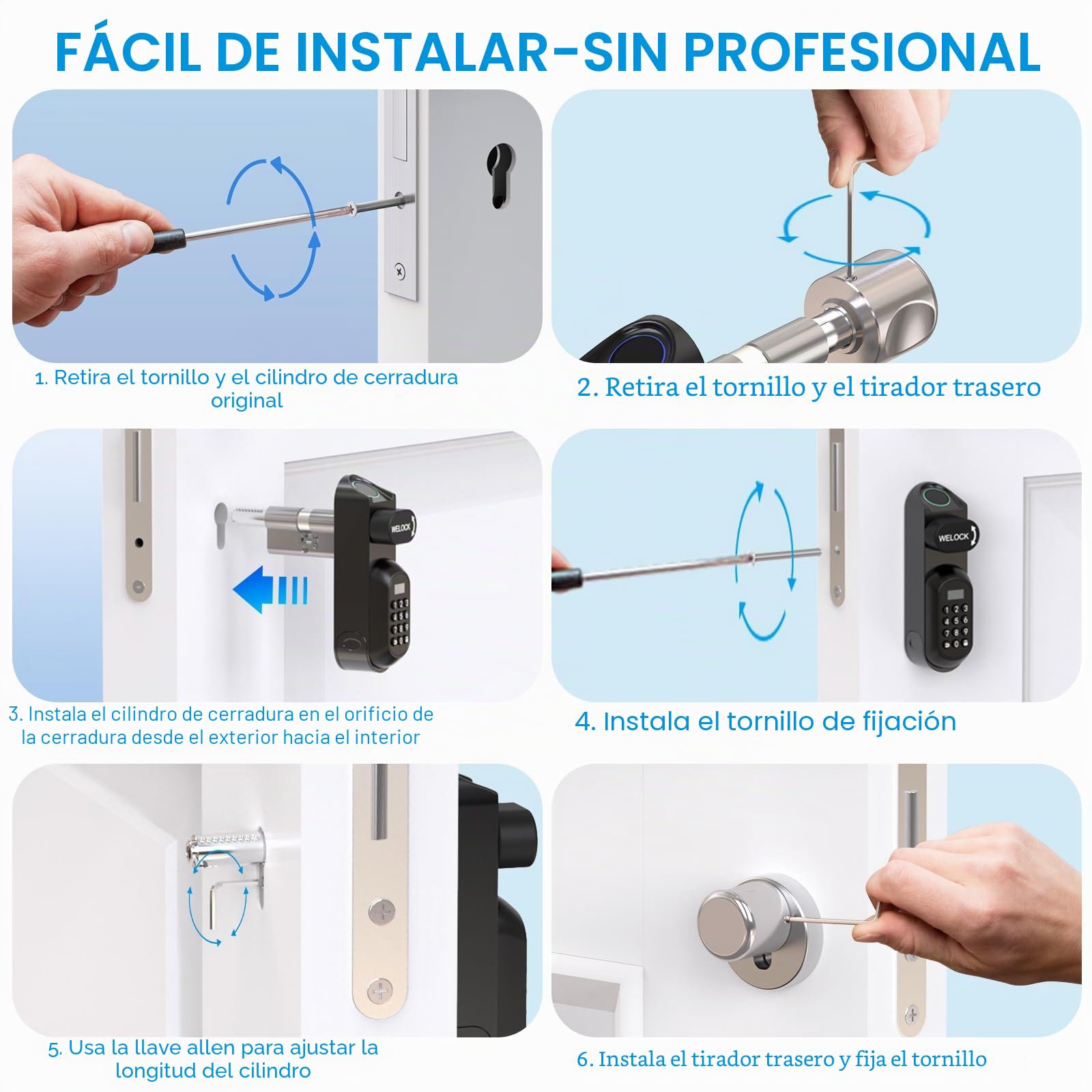 WELOCK Smart Lock U81 Cerradura Inteligente Biométrica con Huella Digital – Acceso sin Llave con Touch, Contraseña, Tarjeta RFID y Smartphone – para Puertas de 50-95mm