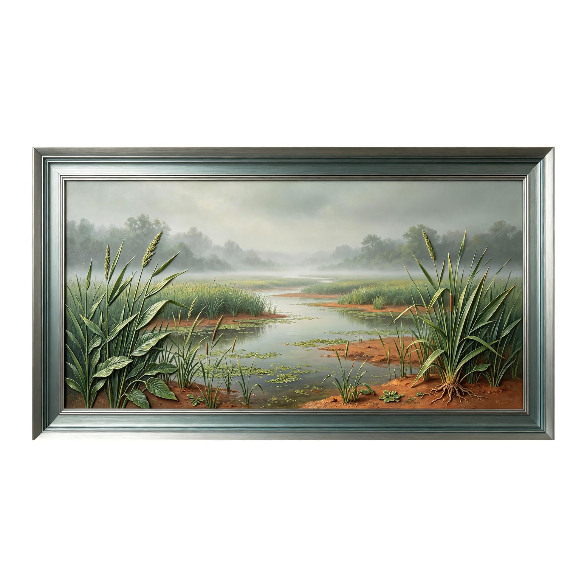 Yzpallescene 3D Framed Wall Art 50cm×100cm Misty Wetland Meadow Lake Landscape Realistic Oil Painting Large Size SelfAdhesive Removable Wall Decor Prints Artwork for Living Room Bedroom Office