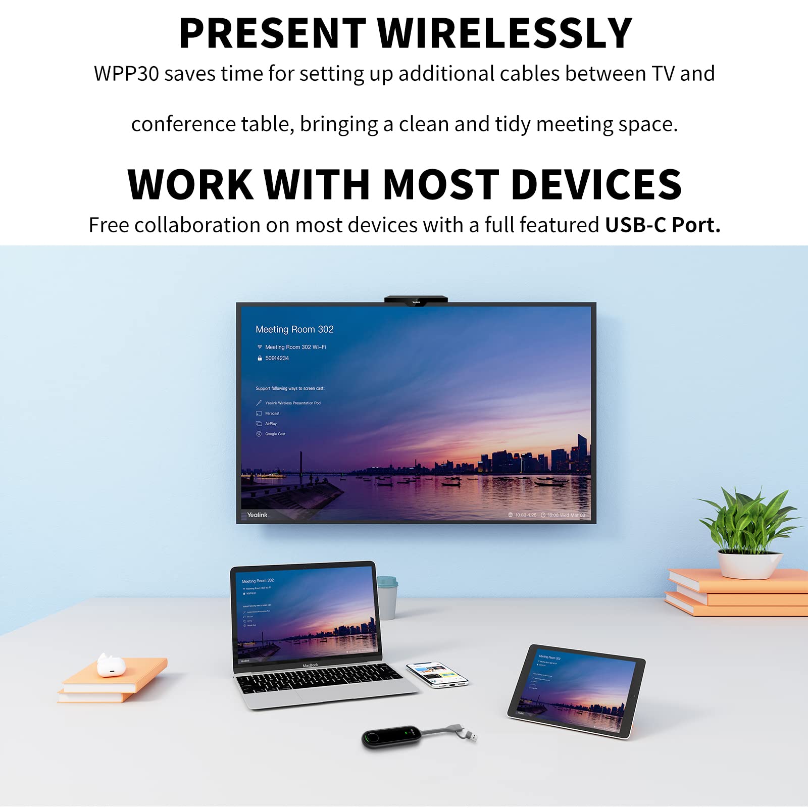 Yealink WPP30 - Pod di Presentazione Wireless Compatibile Con RoomCast / A20 / A30 / MeetingBoard, 4K/30 FPS Plug & Play, Fino a 4 Schermi