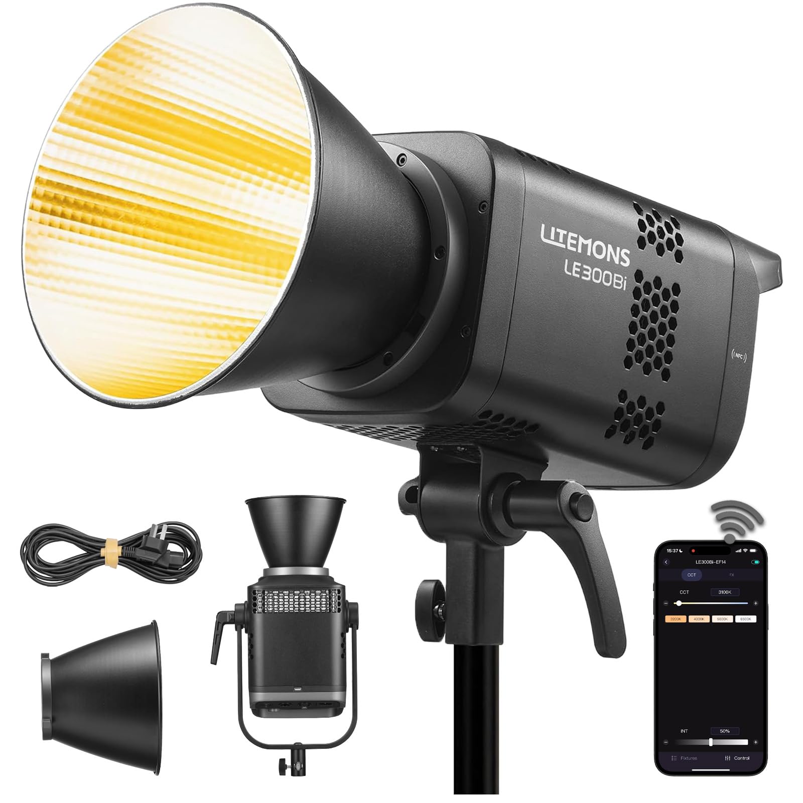 Godox LE300Bi Bi-Color LED Video Light, 320W Studioleuchte 58900 Lux @1m, 2800K-6500K Dauerlicht mit CRI 98+ TLCI 99+, Bowens Mount, NFC & App-Steuerung, 11 Lichteffekte für Streaming, YouTube & Video