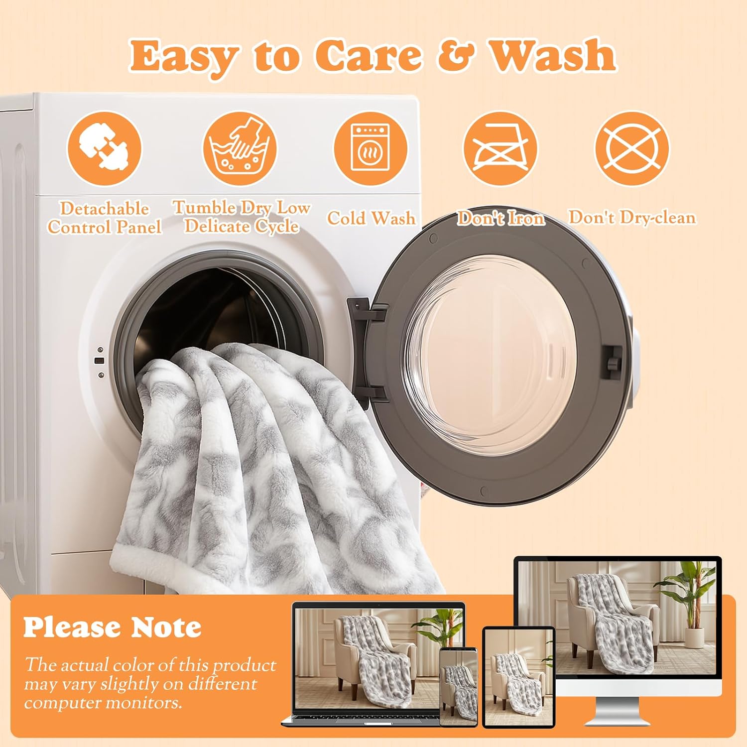 Heated Blanket Faux Fur & Sherpa Full Size, Safe Electric Blanket ETL & FCC Certified, Soft Warm 6 Heating Levels & 10 Hours Auto-Off, Machine Washable, 72"x84" Light Grey & White Pattern - Image 6