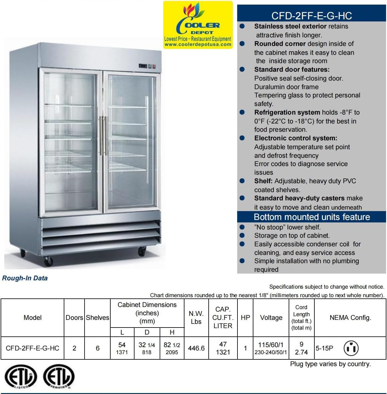 cooler depot Commercial Freezer Glass 2 Double Door Stainless Steel Exterior, Upright Reach in NSF 54" Width 6 Shelves, Display Merchandiser 47 cuft -8°F to 0°F CFG-2FFGSS