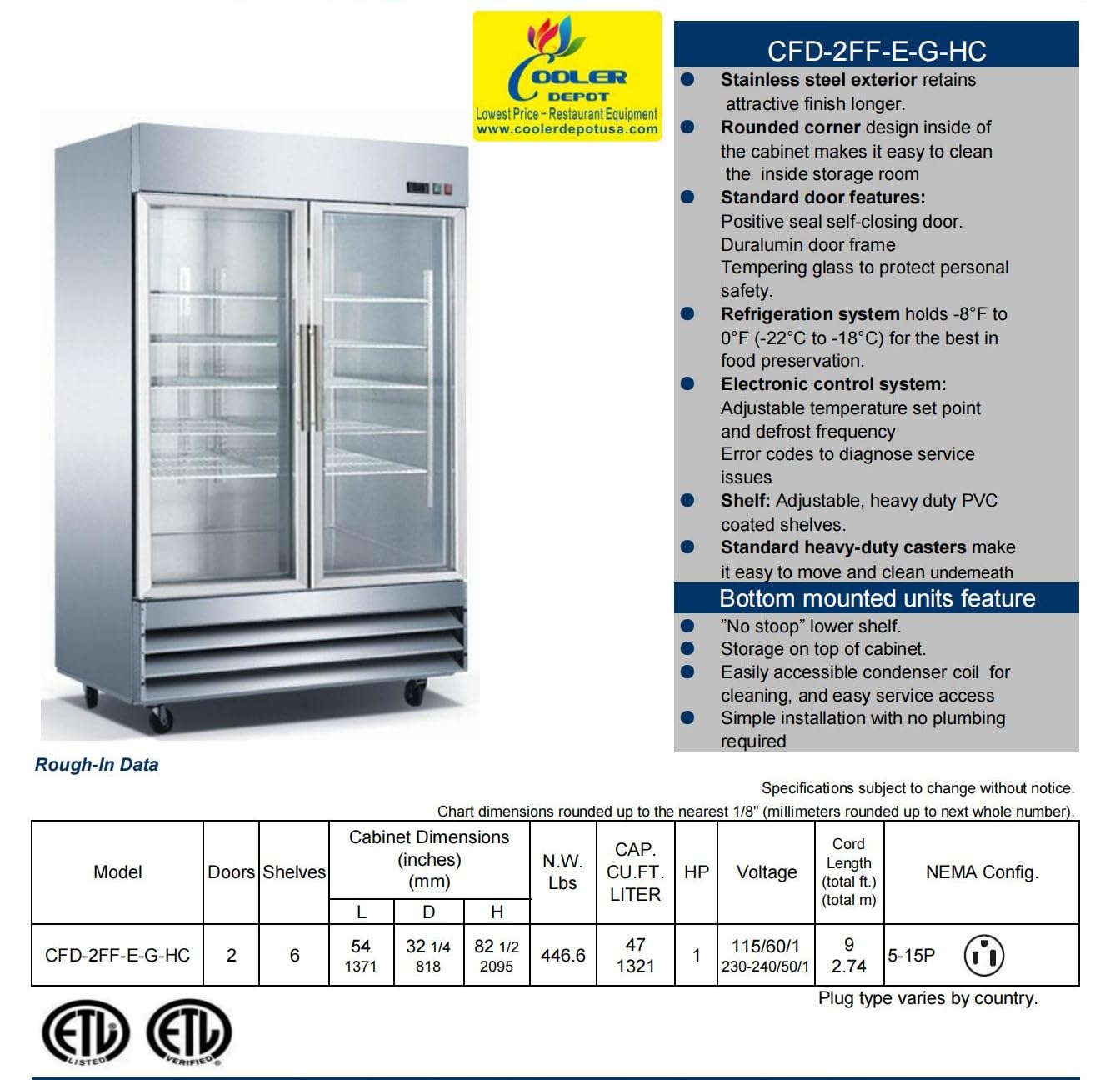 Cooler Depot Commercial Freezer Glass 2 Double Door Stainless Steel Exterior, Upright Reach In Nsf 54" Width 6 Shelves, Display Merchandiser 47 Cuft -8°F To 0°F Cfg-2ffgss on Fridge.com - View 4