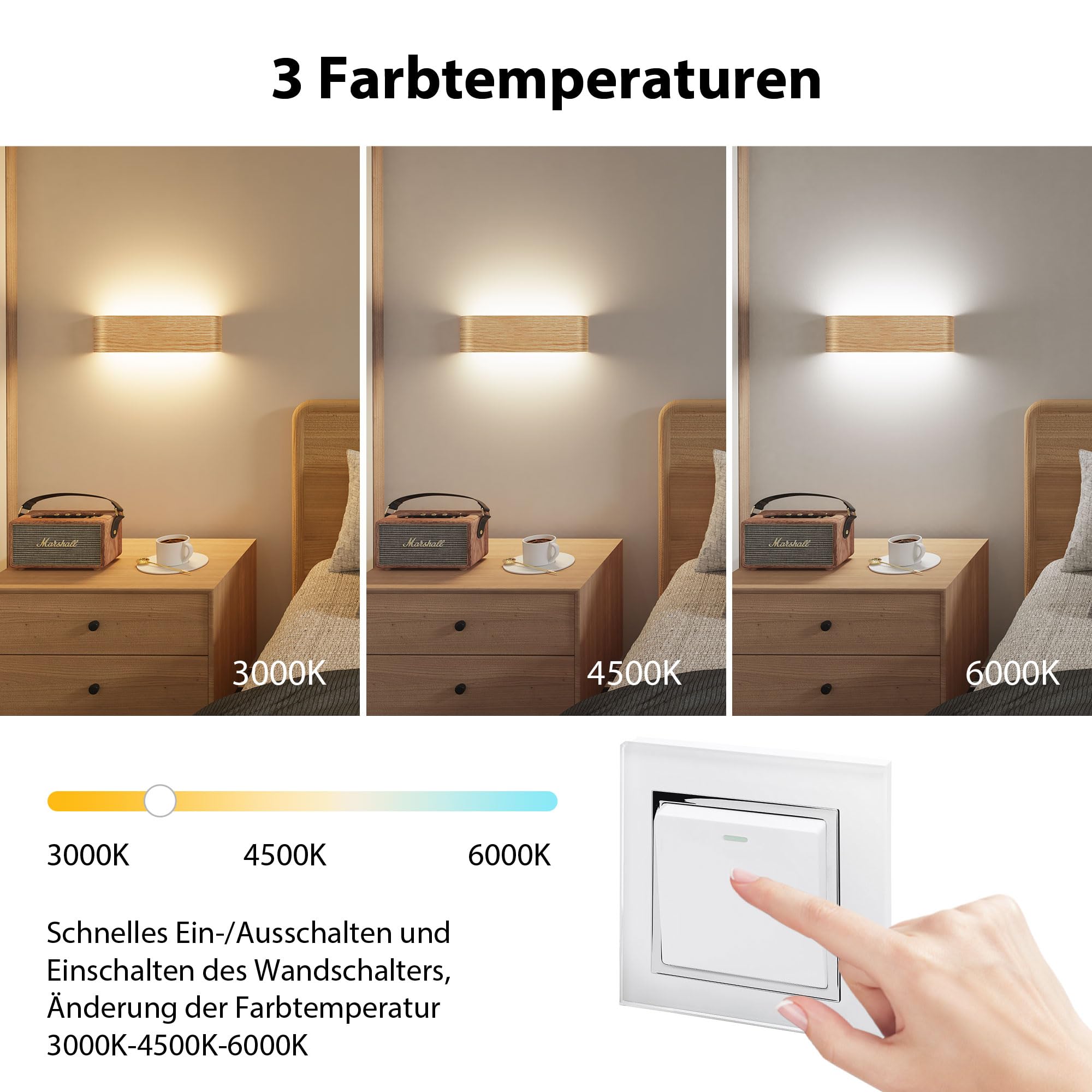 OOWOLF Applique da Parete Interno 2 Pezzi, Temperatura Colore Regolabile 3000K/4500K/6000K, 16W Lampada a Muro Moderna per Camera da Letto, Soggiorno (Venature del legno, Confezione da 2 pezzi)