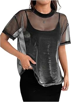 OYOANGLE Women's See Through Top Metallic Mesh Sheer Short Sleeve