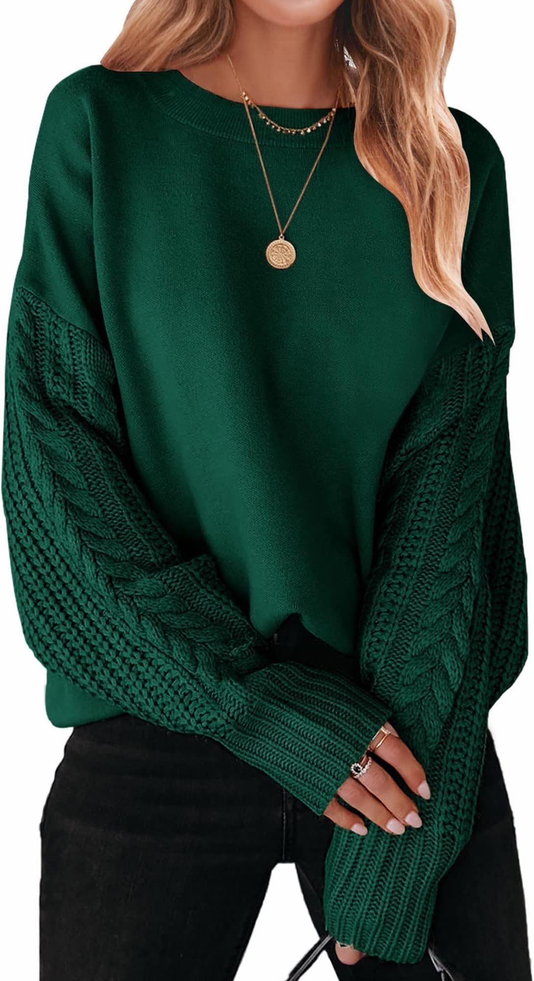 Women's 2026 Spring Long Sleeve Crew Neck Solid Color Cable Knit Chunky Casual Oversized Pullover Sweater Tops