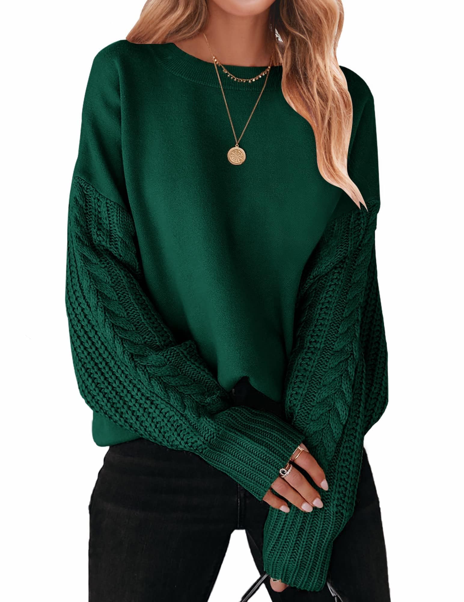 ZESICAWomen's 2025 Fall Long Sleeve Crew Neck Solid Color Cable Knit Chunky Casual Oversized Pullover Sweater Tops