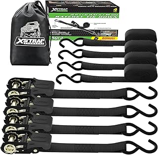 XSTRAP STANDARD Ratchet Tie Down Straps - 4 Pk - 1'' x 15 Ft - 630 Lbs Load Cap 1890 Lbs Break Strength, Cargo Straps for Moving Cargo, Appliances, Lawn Equipment, Motorcycle (Black)