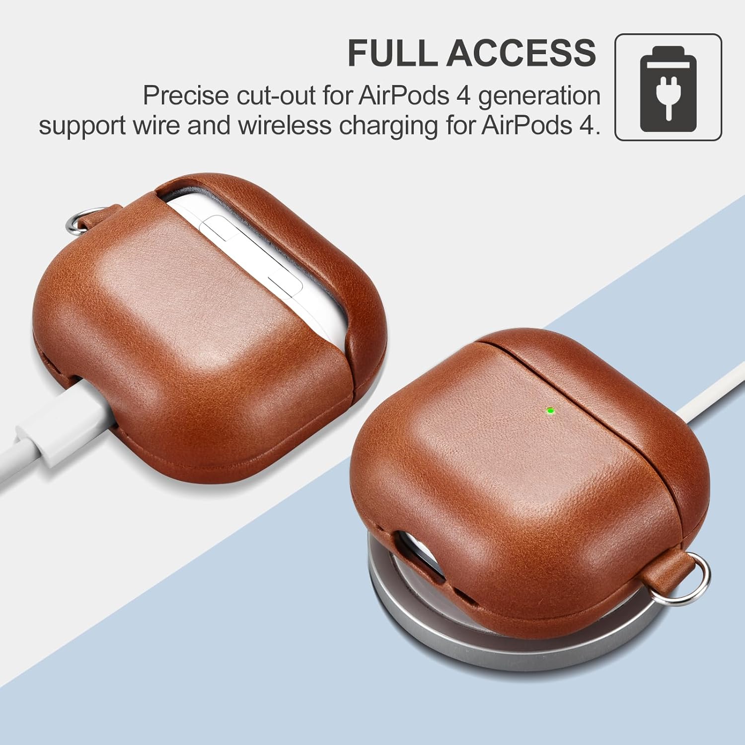 AirPods 4 Leather Case with Strap, ICARER Genuine Leather AirPod 4 Case with Strap and Led Light for Apple AirPods 4 (2024), Support Wireless Charging and MagSafe(Brown)