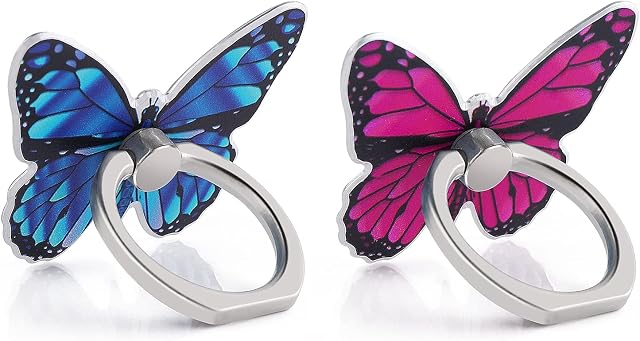 Cobee Butterfly Cell Phone Ring Stand Holder, 2 Pcs Cute Butterfly Pattern Painted Metal Finger Stand Kickstand 360°Rotation Phone Ring Holder Stand Ring Hand Grip with Knob Loop(Blue, Rose Red)