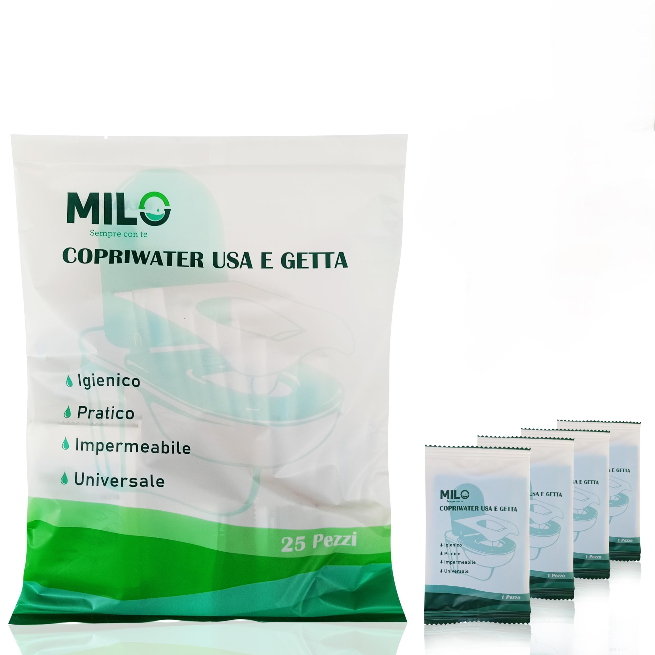 Milo 25 Pezzi Copriwater Usa e Getta Monouso – Impermeabili e Universali per Bagni Pubblici Bambini e Adulti – Copri WC in Carta e Plastica Singolarmente Confezionati