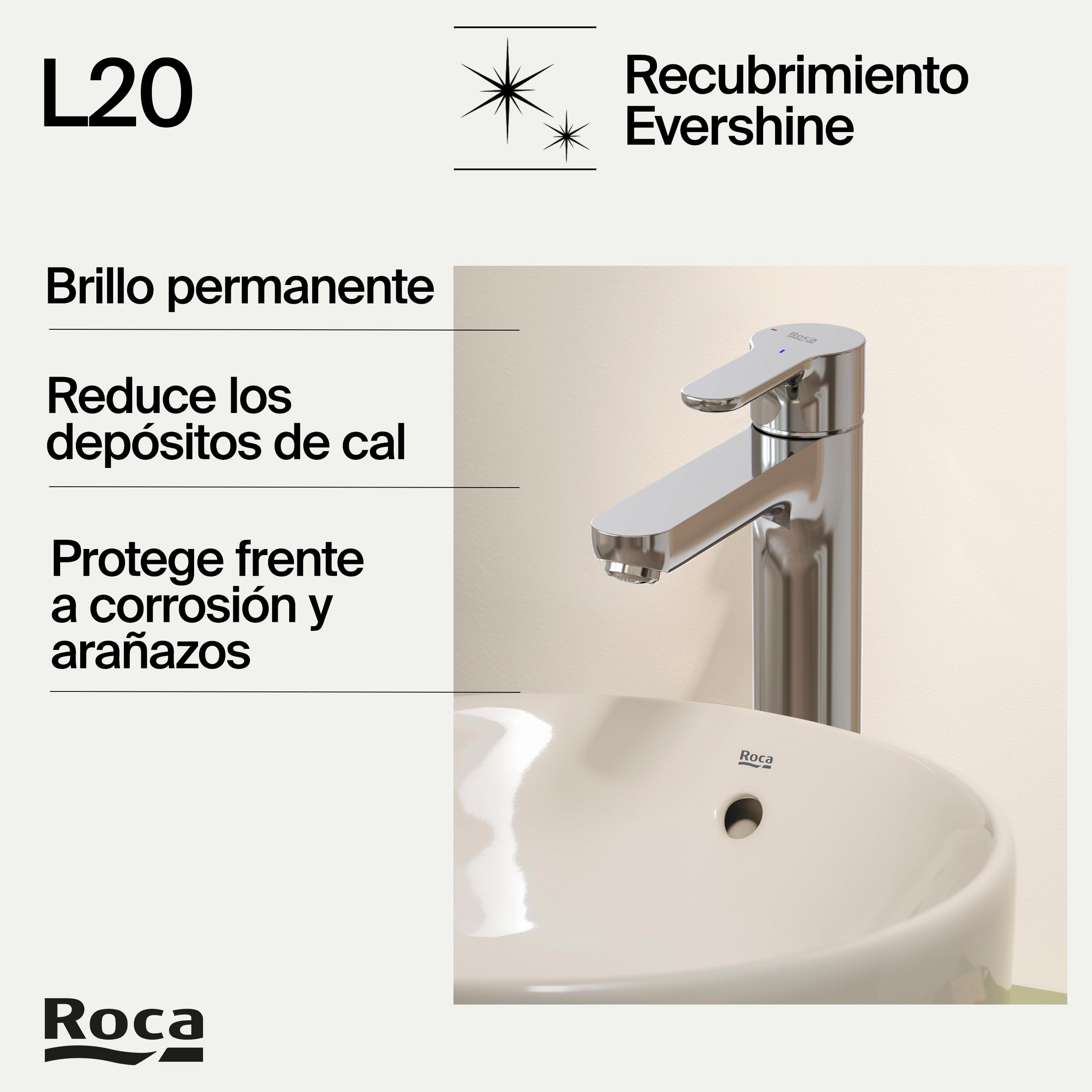 Roca L20 Grifería para lavabo de caño alto con tecnología Cold Start, grifo monomando con enlaces de alimentación flexibles, mezclador con desagüe automático de fácil instalación, cromado, A5A3C09C00