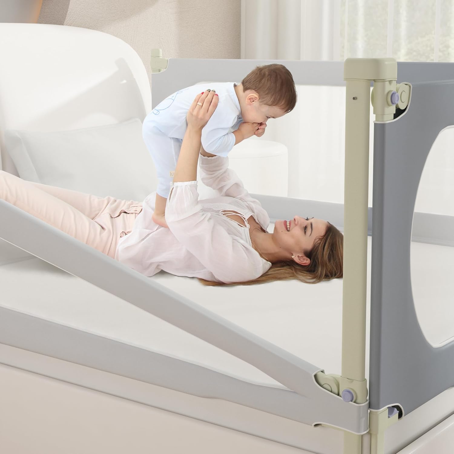Bed Rail for Toddlers Twin, Full, Queen, King & Cal kingMattress Size | Swing Down Rail Guard | Mattress Side Rail for Kids (Gray and White, (3 Sides for Queen Size) 79.9x79.9x59.8 Inch)