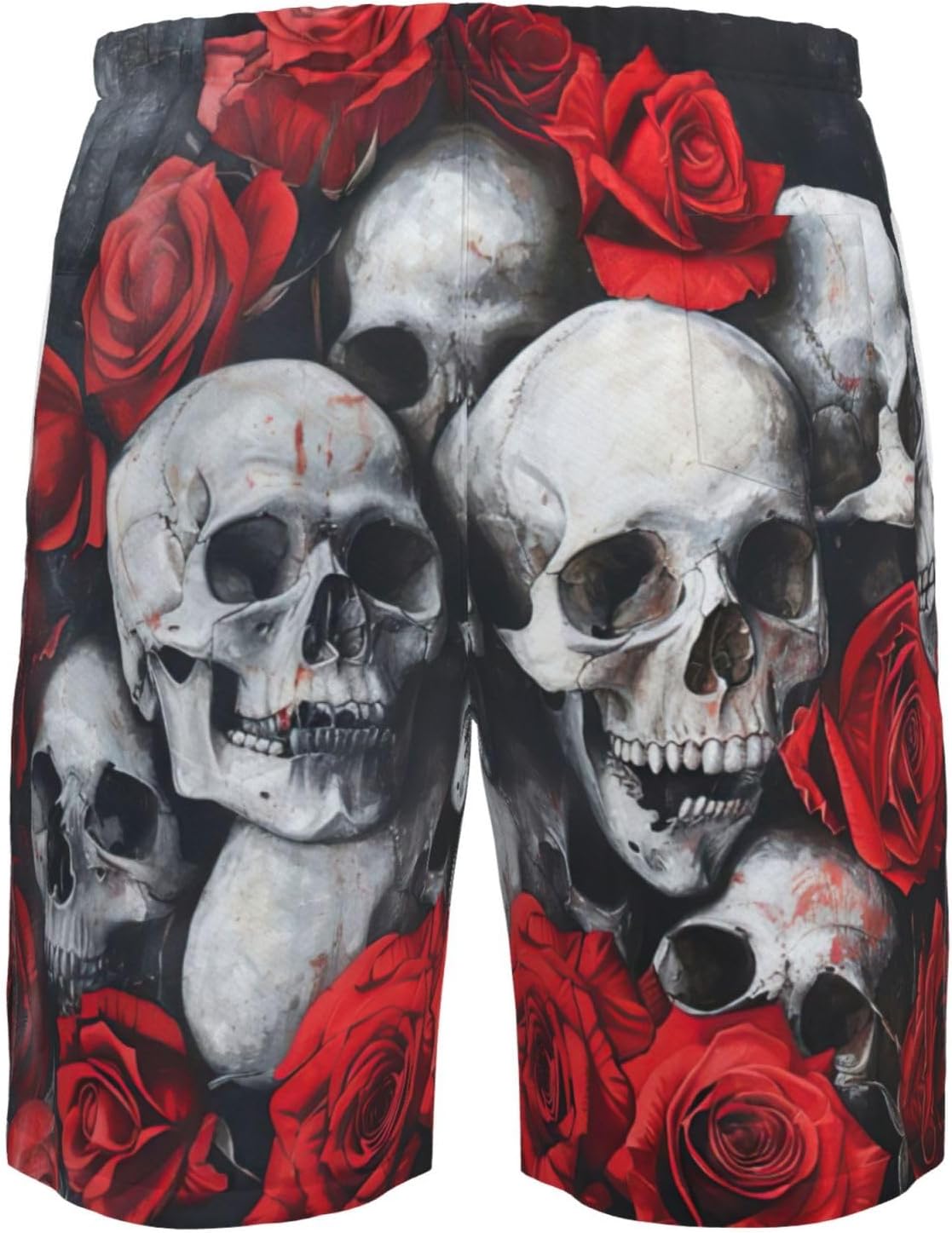 Skull and Red Rose Print Men's Quick-Drying Shorts Casual Beach Pants Stretch Waist Shorts and Pockets