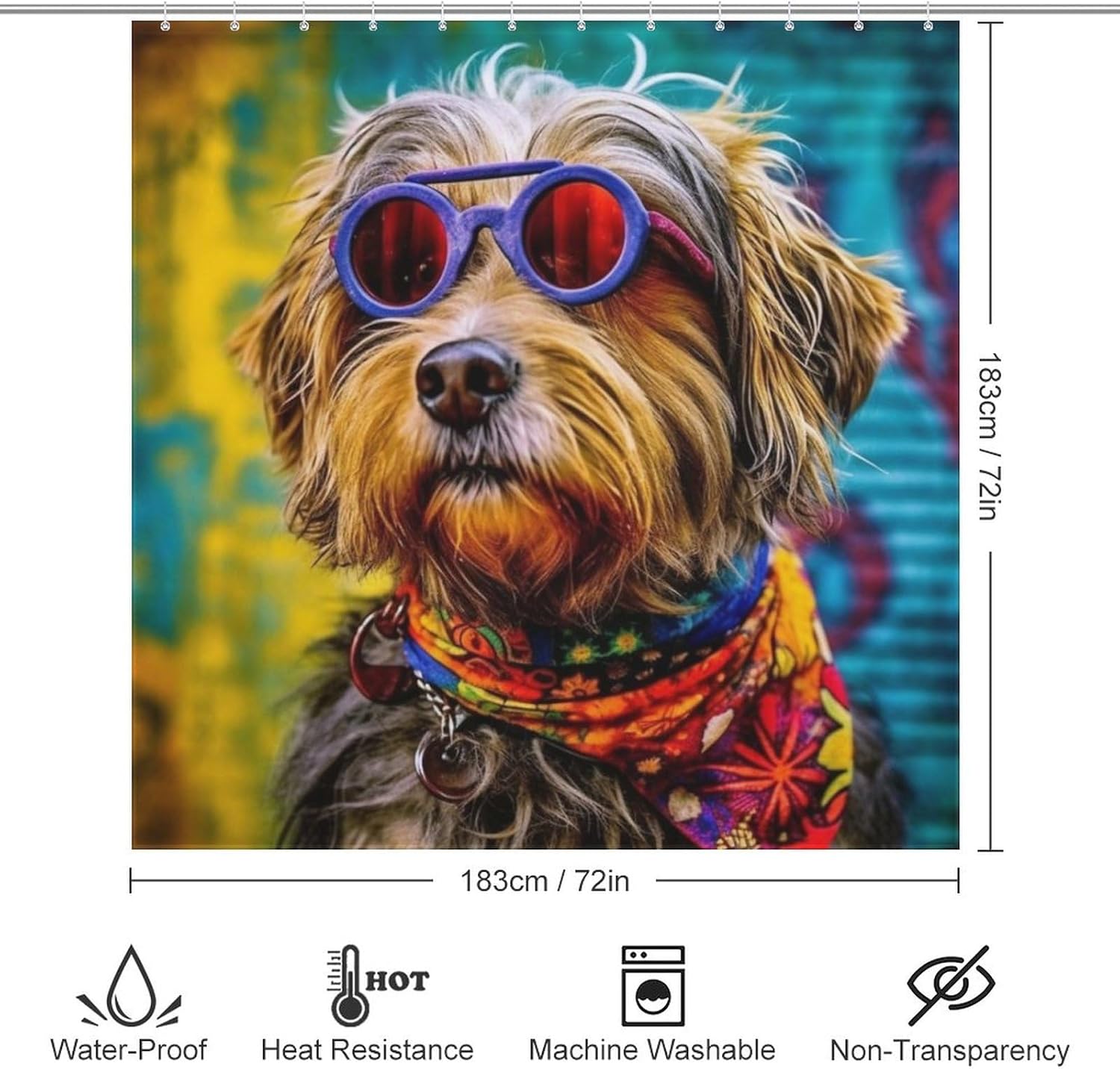 Sunglasses Dog Shower Curtain for Bathroom, Funny Cute Animals Boho Shower Curtain Set, Hippie Graffiti Fabric Modern Waterproof Bathroom Decor with 12 Hooks 72x72in C