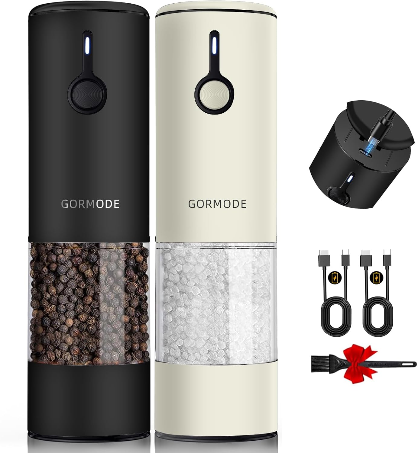 Stainless Metal Electrical Salt & Pepper Grinder Set (Black/Cream) – USB-C Rechargeable Mills with 66g XXL Capability, LED Illumination & 6 Professional Grind Modes – Premium Twin-Tone Kitchen System
