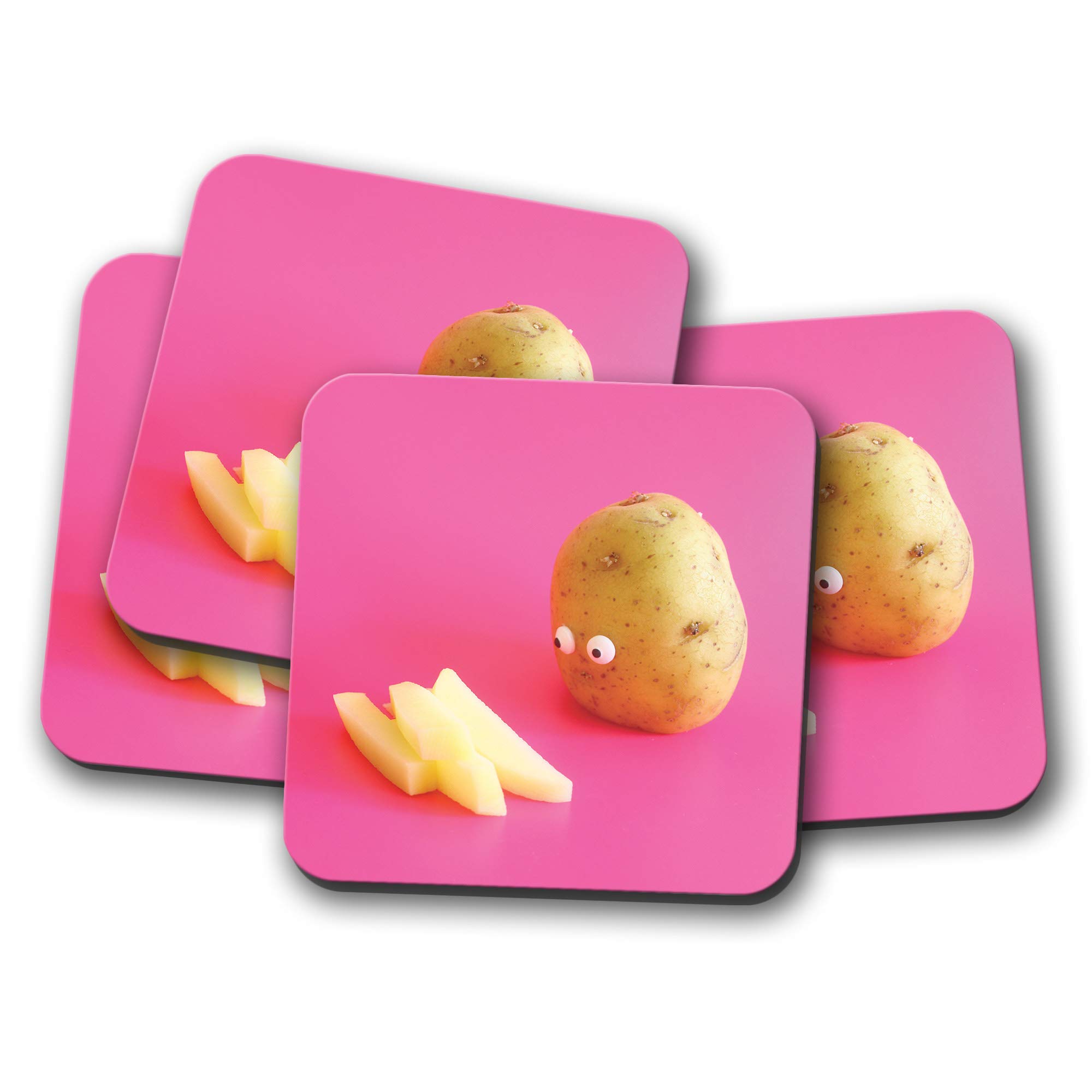 Destinationvinyl Men's Multicolor 4 Set - Funny Potato Coaster - Joke Food Chips Vegetable Office #15264