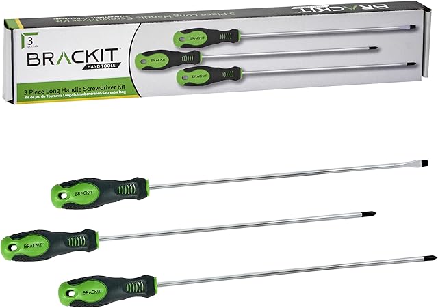 Brackit 3 Piece Long Handed Screwdriver Set  Phillips, Pozi and Slotted Head  for Extra-Long Reach and with Magnetic Tips