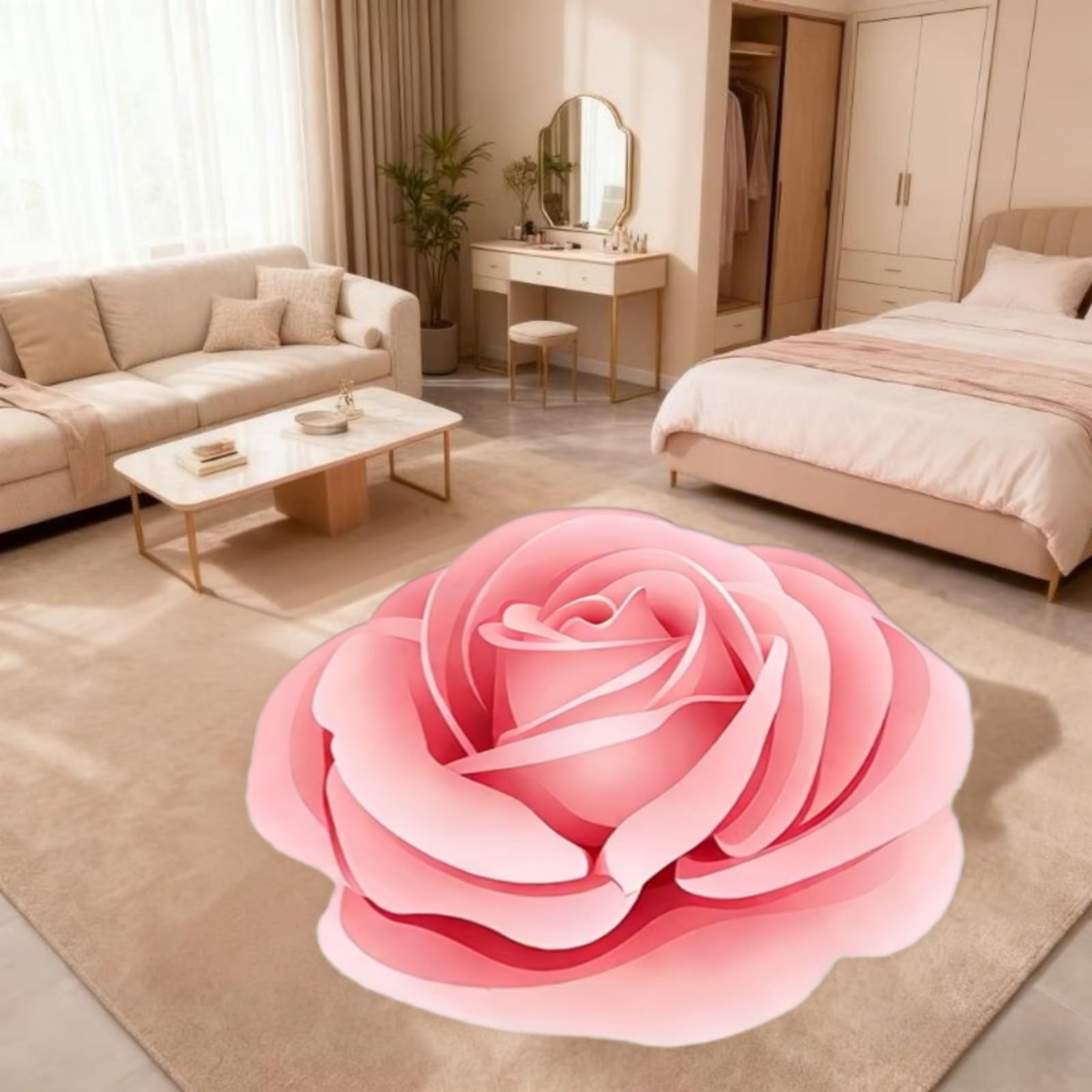 WAOTMN Washable Circle Area Rug for Living Room 230cm Stylish Pink Rose Shape Large Circle Rug,Foldable No Creases Round Bedroom Rugs for Bedside Dining Room Soft Non-Skid Mat