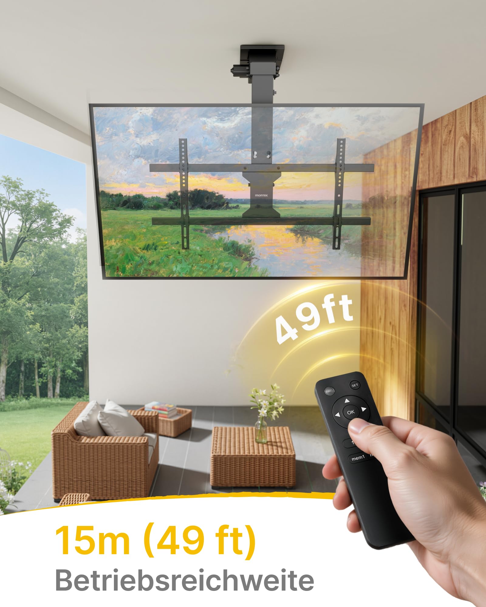 monTEK TV Deckenhalterung Elektrisch für 43-86 Zoll Fernseher, Elektrische TV Halterung Motorisiert Absenkbar für Flache & Geneigte Decken, Bis zu 45 kg Tragkraft, Fernbedienung/App/Sprachsteuerung