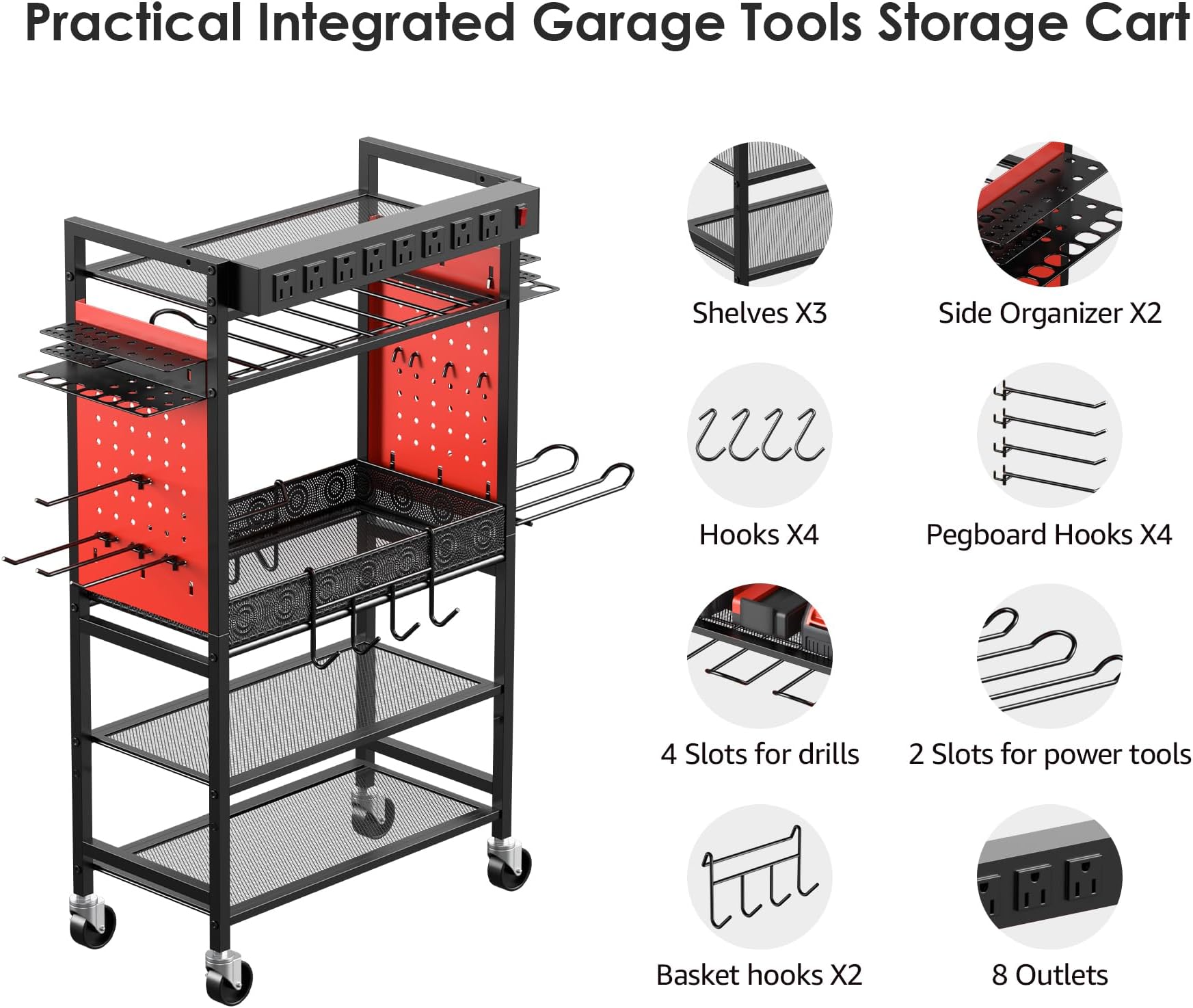 CCCEI Mobile Power Tools Organizer Cart with Charging Station, Garage Rolling 6 Drills Pegboard Storage on Wheels, with Basket, Movable Shelves, Hooks, Accessories Box, Battery Charging Power Strip.